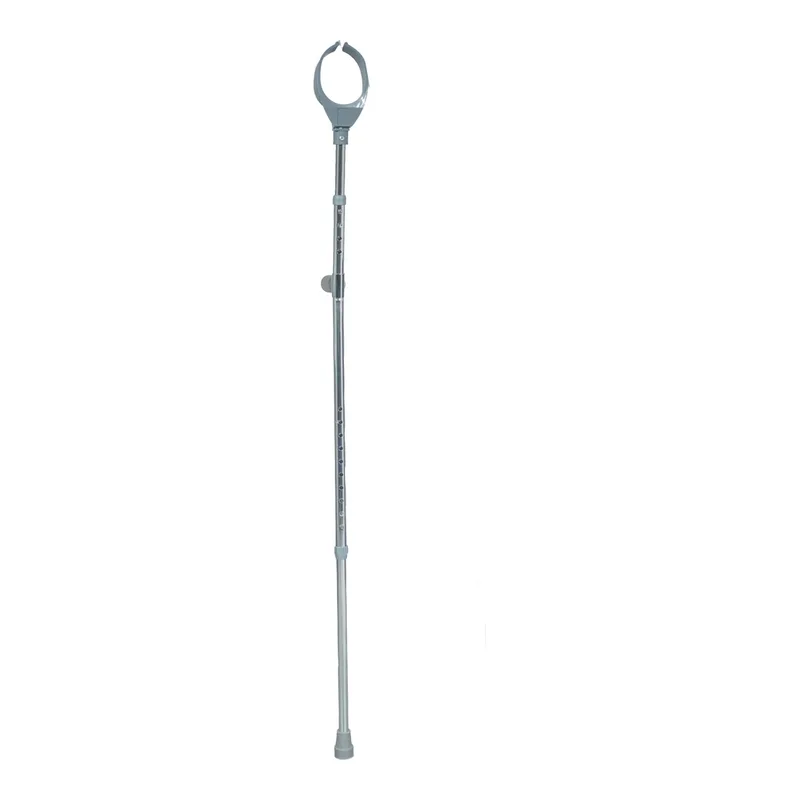 Cârjă ortopedică din aluminiu, vedere frontală, cu manșeta deschisă în față