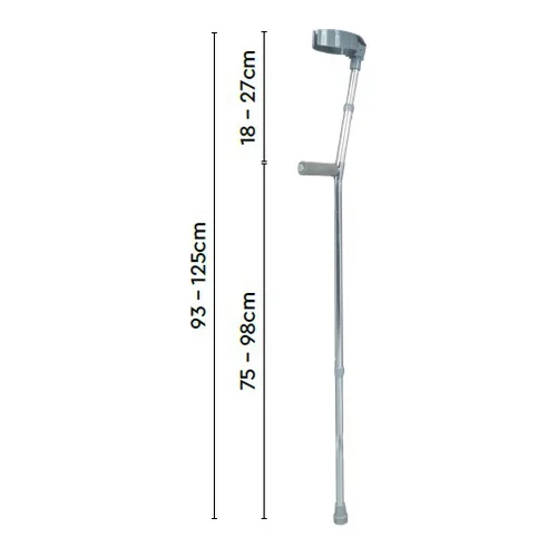 Dimensiunile cârjelor de antebraț reglabile: 93–125 cm înălțime, mâner la 75–98 cm, manșetă 18–27 cm