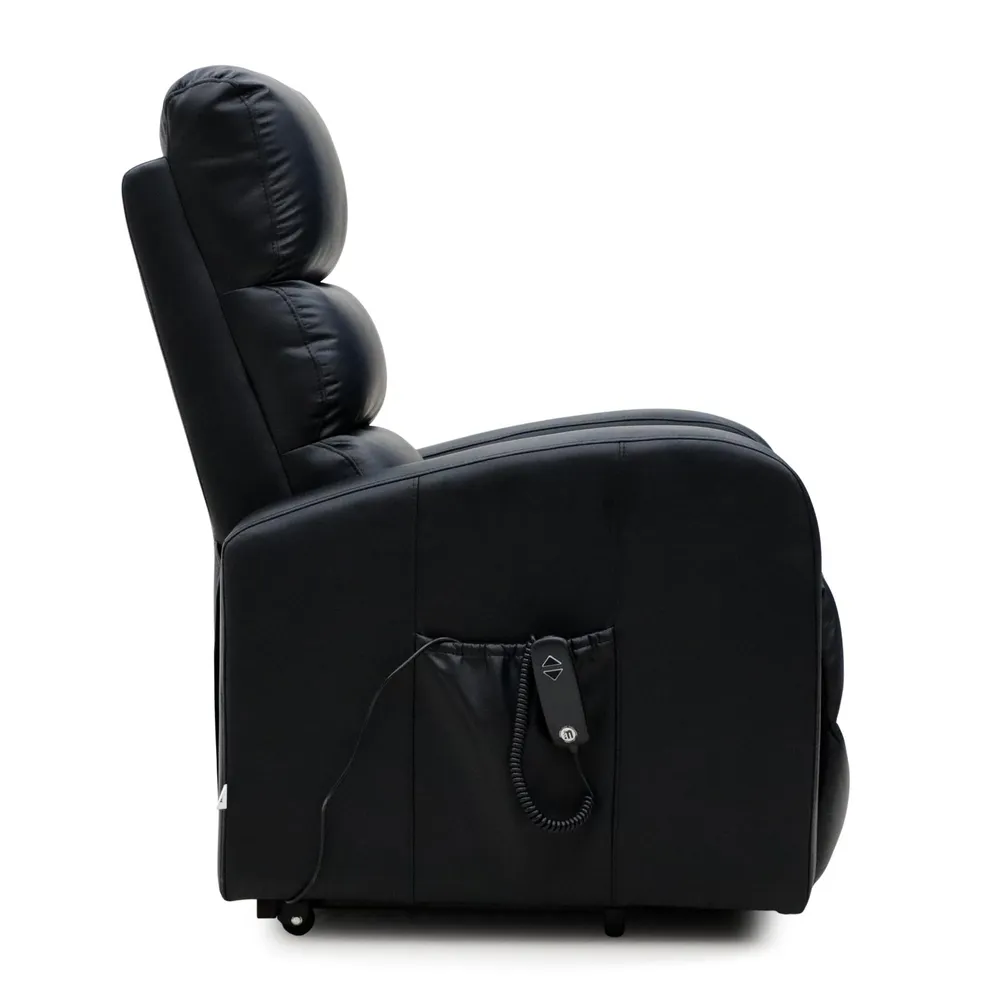 Fotoliu recliner cu ridicare în poziție de șezut, văzut din lateral