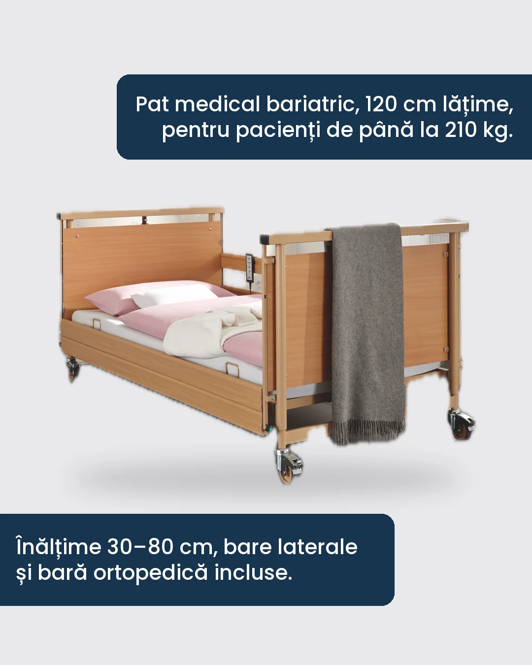 Pat medical electric bariatric de 120 cm lățime pentru pacienți de până la 210 kg, cu înălțime reglabilă 30–80 cm
