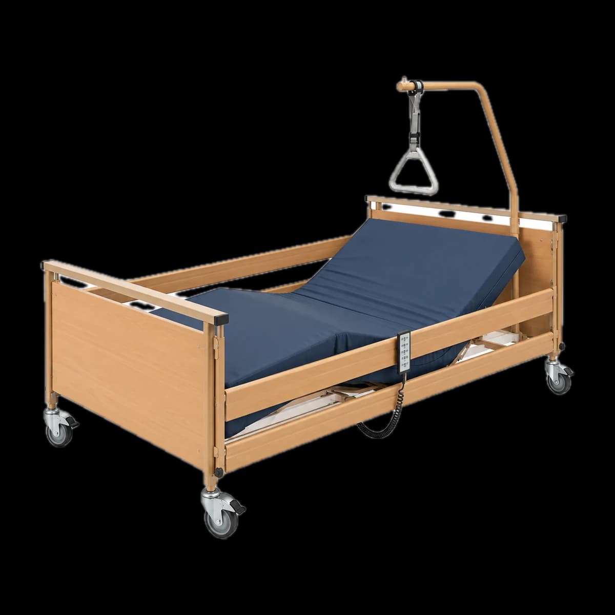 Pat medical electric bariatric de 120 cm, cu spătarul ridicat, saltea bleumarin și bară ortopedică — vedere din unghi