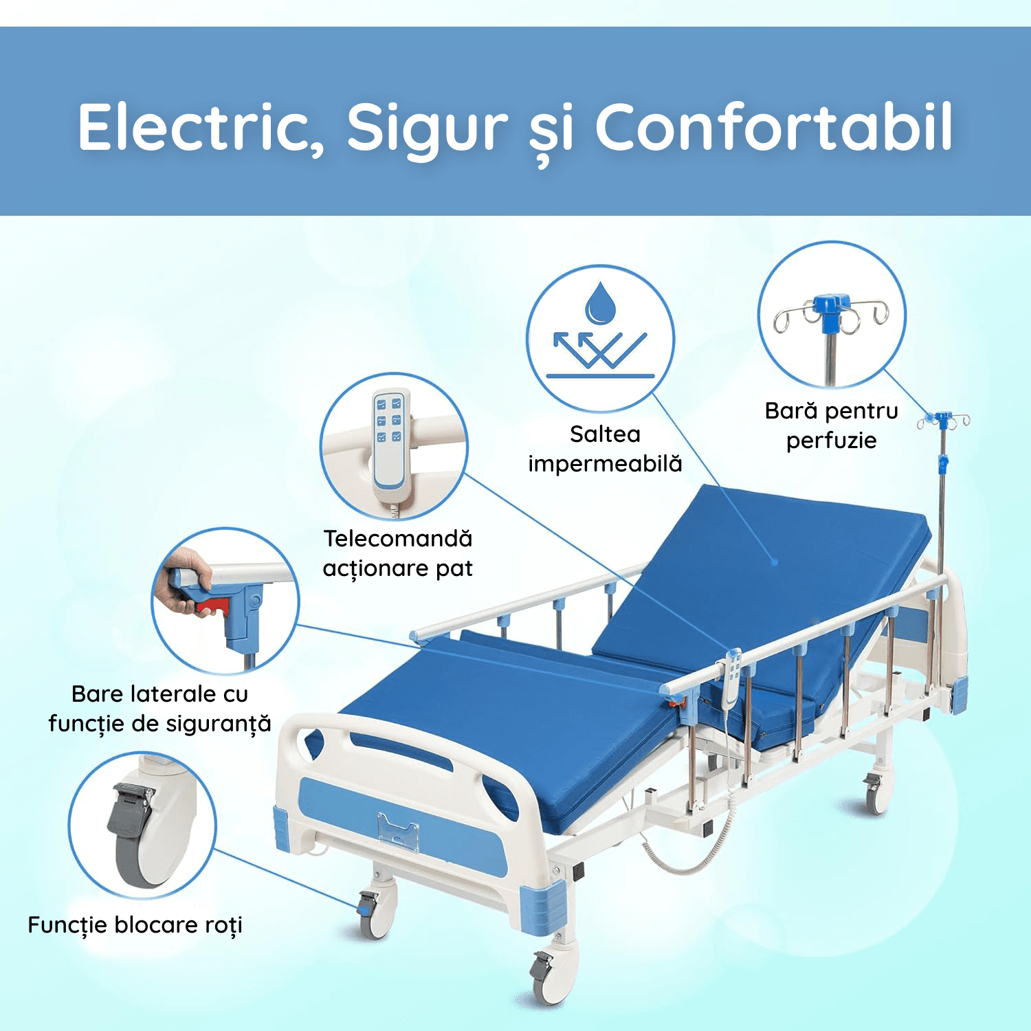 Pat medical electric pentru îngrijire la domiciliu cu telecomandă