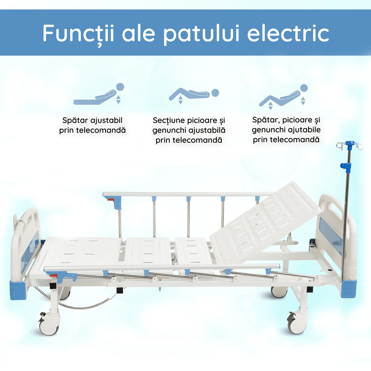 Pat spital electric cu 2 funcții — vedere laterală cu reglaj spătar